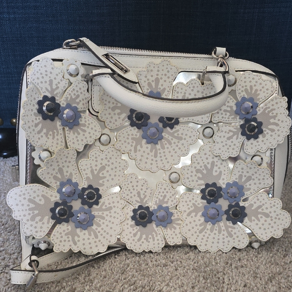 Henri Bendel Cream and Gray Floral Satchel
